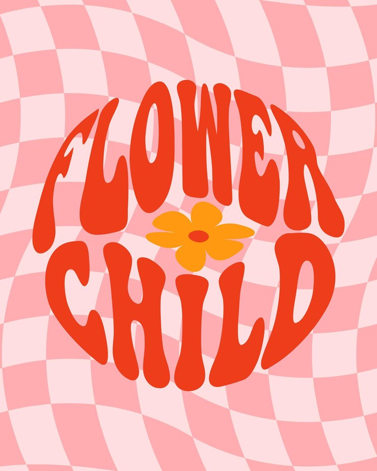 Vector letras maravillosas flower child en forma de círculo estilo retro hippie póster de los años 70 y 80 ambiente de primavera y verano ilustración de dibujos animados vectoriales para imprimir