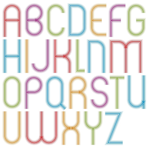 Letras mayúsculas alegres grandes redondeadas fuente colorida a rayas sobre fondo blanco