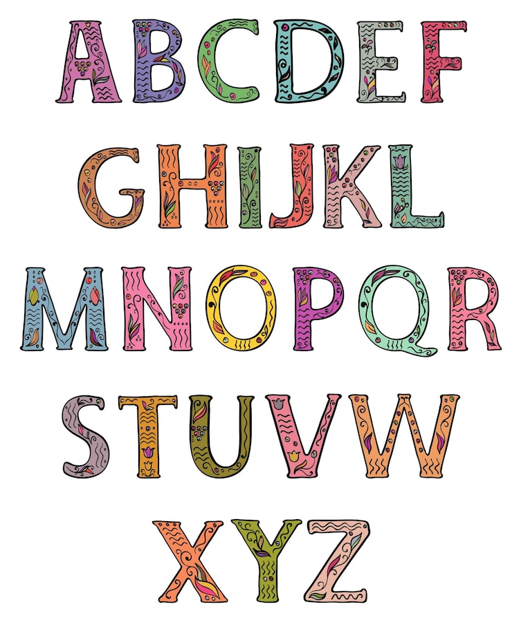 Vector letras mayúsculas del alfabeto decoradas con motivos florales de colores