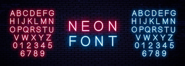 Letras mayúsculas de neón y números azul y rojo Fuente inglesa brillante Alfabeto de neón vectorial sobre fondo de pared