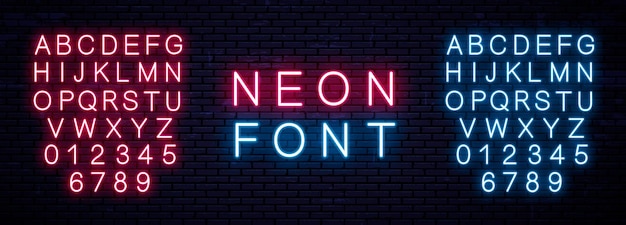 Letras mayúsculas de neón y números azul y rojo fuente inglesa brillante alfabeto de neón vectorial sobre fondo de pared