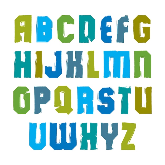 Letras mayúsculas de pincel con estilo vectorial, fuente colorida manuscrita, tipografía sans serif sobre fondo blanco.
