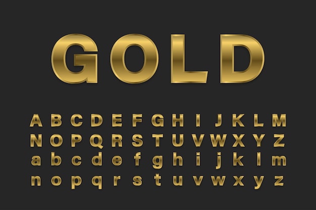 Vector letras metálicas de fuente dorada, tipo de efecto de oro metálico de letras conjunto ilustración brillante de vector.