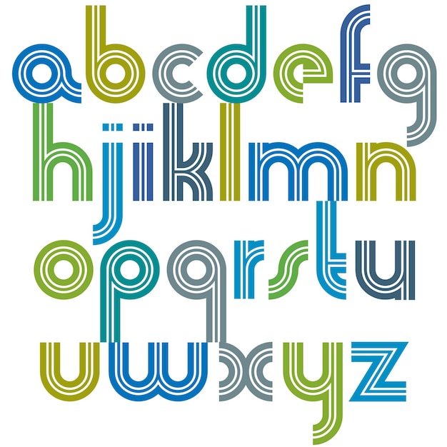 Vector letras minúsculas coloridas con esquinas redondeadas, fuente de rayas esféricas animadas.