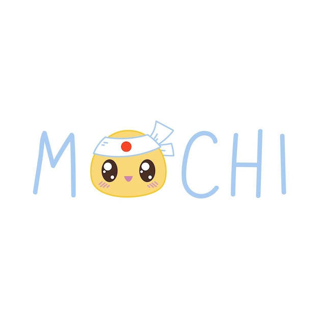 Letras de mochi, en lugar de la letra o, lindo personaje de mochi con una sonrisa. logotipo vectorial sobre un fondo blanco. postre asiático tradicional