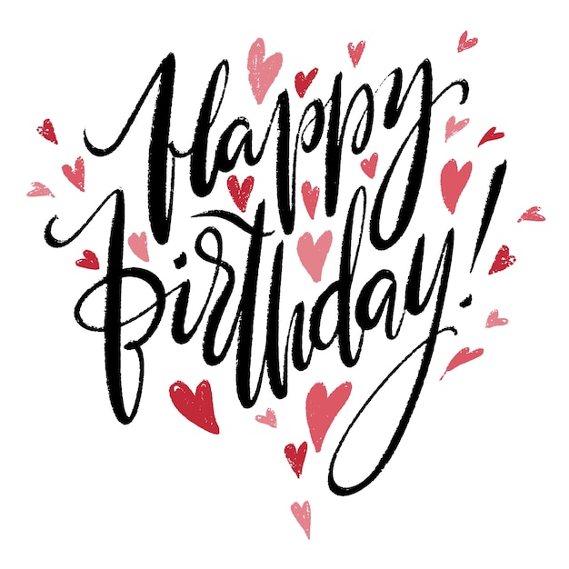 Letras modernas Palabras feliz cumpleaños con fuente de corazón para postales, carteles, grabados.