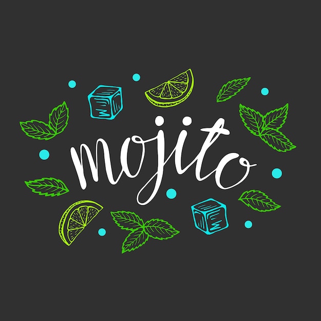 Vector letras mojito cóctel clásico dibujado a mano ilustración vectorial