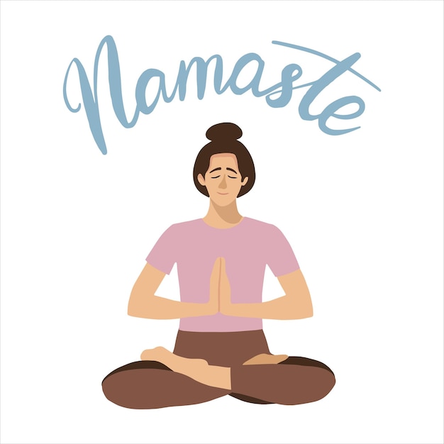 Letras de namaste con mujer en una pose de yoga lotos. mujer practicando yoga ejemplares vectoriales de colores dibujados a mano. camiseta, postal, cartel, elemento de diseño de clases de yoga.