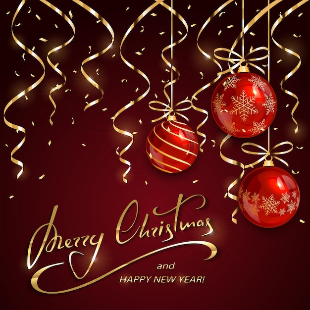 Letras de Navidad y Año Nuevo con bolas rojas y serpentinas doradas