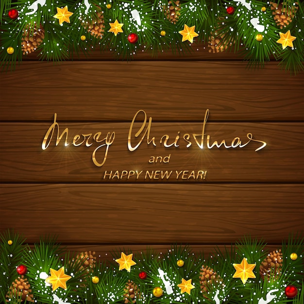 Letras de Navidad sobre fondo de madera con ramas de abeto y decoraciones navideñas