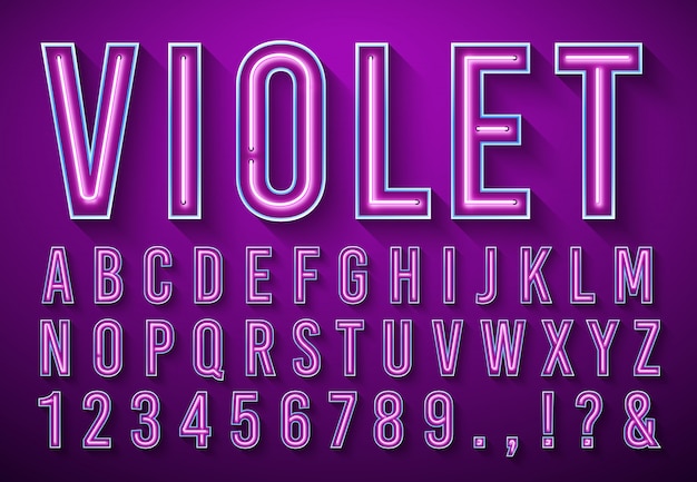 Letras de neón brillante. Fuente brillante violeta, alfabeto de caja de luz y letras de luces de neón con sombra 3d ilustración vectorial conjunto