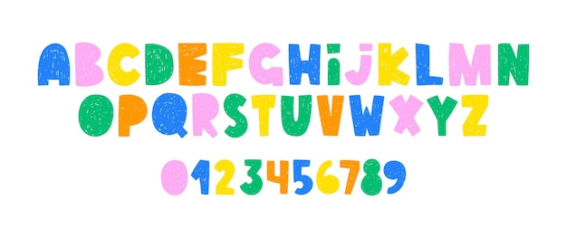 Letras y números del alfabeto de dibujos animados dibujados a mano con lápices de colores o pastel