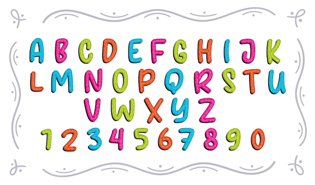 Letras y números coloridos decorados con niños Perfecto para pegatinas de letras, etc.