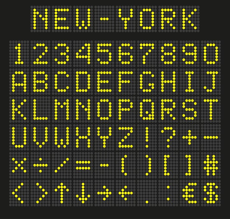 Vector letras y números de fuente digital de color amarillo claro alfabeto inglés en pantalla digital concepto de tablero led para vallas publicitarias partidos deportivos de aeropuerto y publicidad ilustración vectorial
