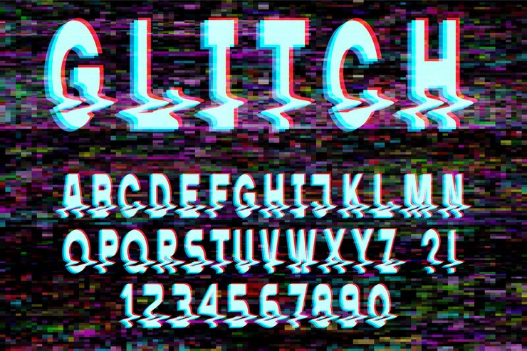 Vector letras y números de fuente distorsionados de moda glitch