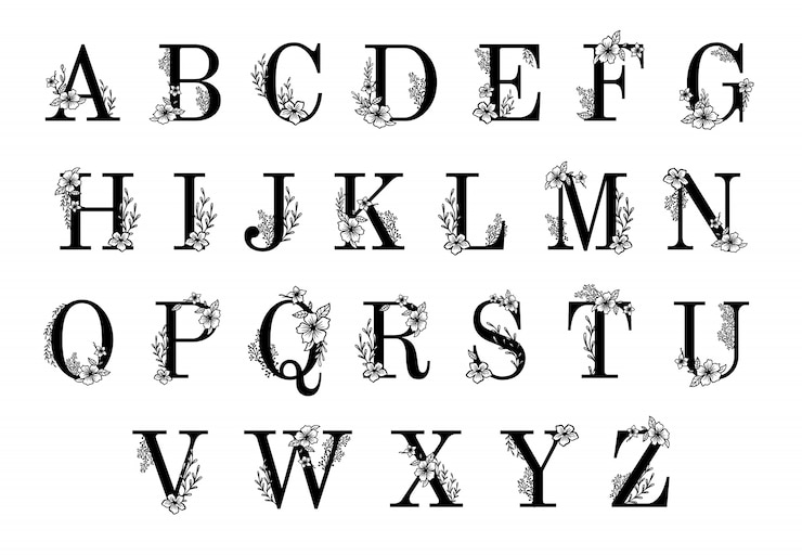Vector letras ornamentales florales. monograma de flores ornamentales, fuente vintage y adornos de ramitas de flores conjunto de ilustración de alfabeto