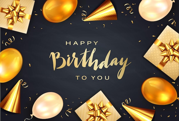 Letras de oro feliz cumpleaños sobre fondo negro. Globos navideños, gorro de fiesta, regalos con lazos dorados, serpentinas y globos. La ilustración se puede utilizar para el diseño de vacaciones, carteles, tarjetas, pancartas.