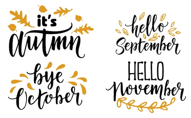 Letras de otoño conjunto de caligrafía de otoño temporada de otoño hola otoño septiembre octubre noviembre