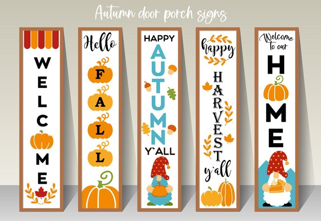 Letras de otoño con gnomos de calabaza y hojas signo de acción de gracias vertical