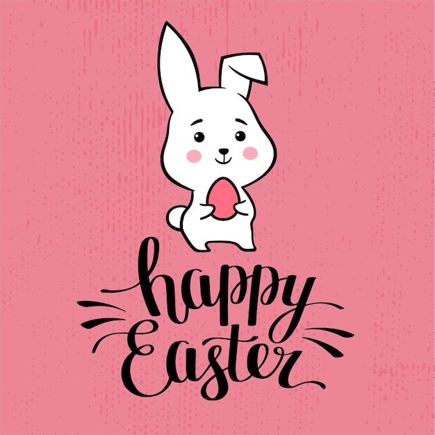 Letras de Pascua feliz Caligrafía dibujada a mano con conejo de Pascua Tarjeta de felicitación con conejito de Pascua Ilustración vectorial