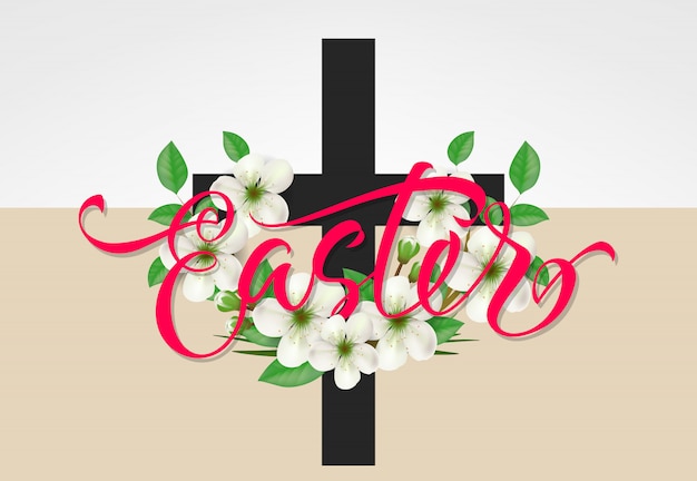 Vector letras de pascua. tarjeta de felicitación de pascua con flores y cruz.