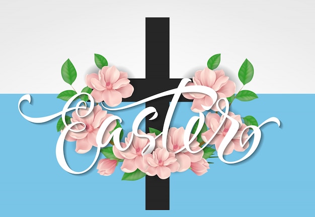 Vector letras de pascua. tarjeta de felicitación de pascua con flores y cruz.