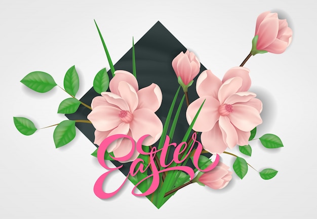 Vector letras de pascua. tarjeta de felicitación de pascua con flores.