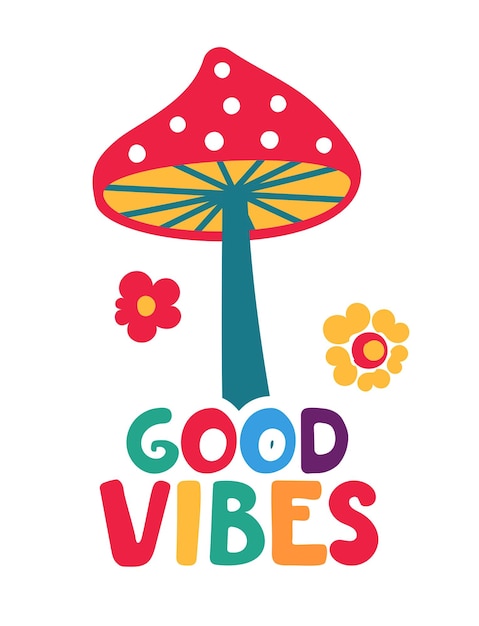 Letras con un patrón de hongos en el estilo retro de los años 70 Olas de multicolores positivos