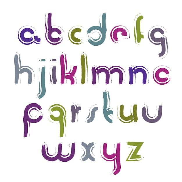 Letras pintadas a mano en color vectorial aisladas sobre fondo blanco, escritura artística en minúsculas acrílicas, fuente de dibujos animados con contorno blanco.