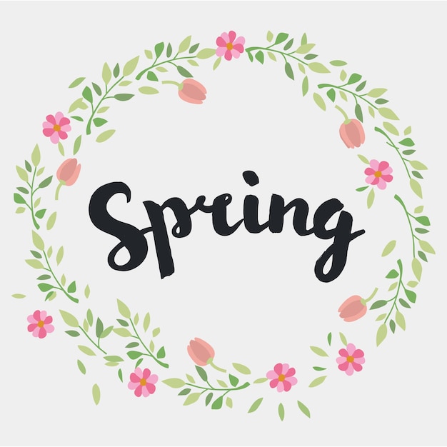 Letras de primavera con guirnalda decorativa floral de hojas y flores.