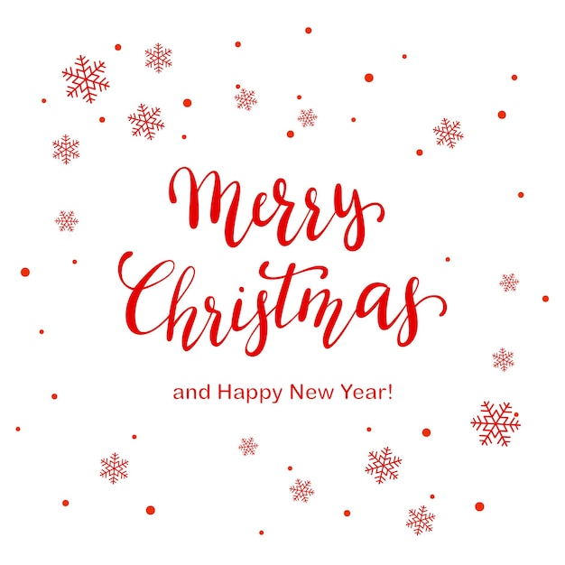 Letras rojas Feliz Navidad y Próspero Año Nuevo con copos de nieve y puntos sobre fondo blanco, ilustración.