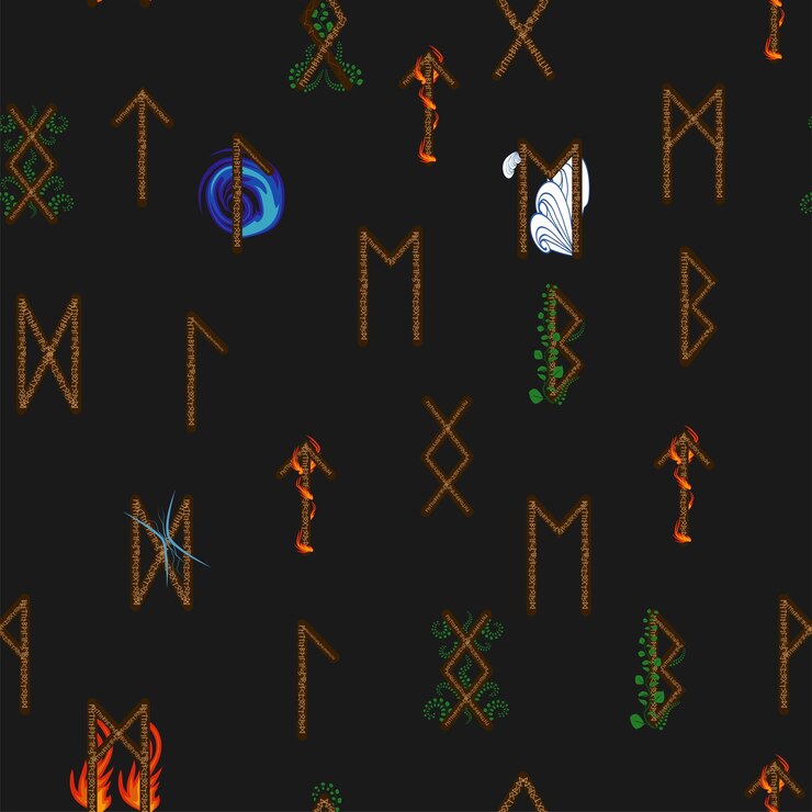 Vector letras rúnicas dibujadas a mano patrón sin costuras con símbolos elementales signos mágicos y símbolos de la cultura escandinava