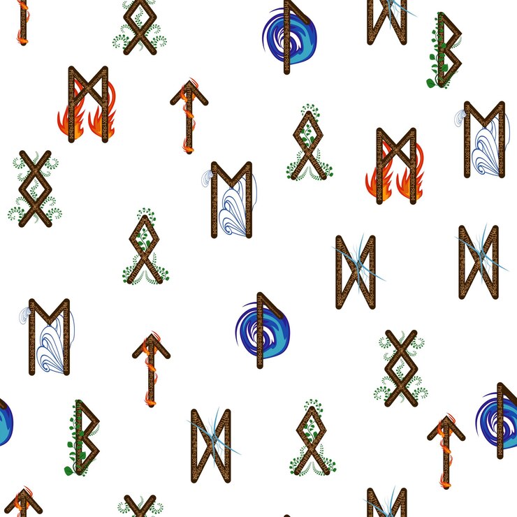 Vector letras rúnicas dibujadas a mano patrón sin costuras con símbolos elementales signos mágicos y símbolos de la cultura escandinava