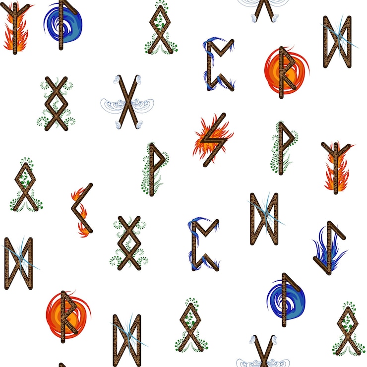 Vector letras rúnicas dibujadas a mano patrón sin costuras con símbolos elementales signos mágicos y símbolos de la cultura escandinava