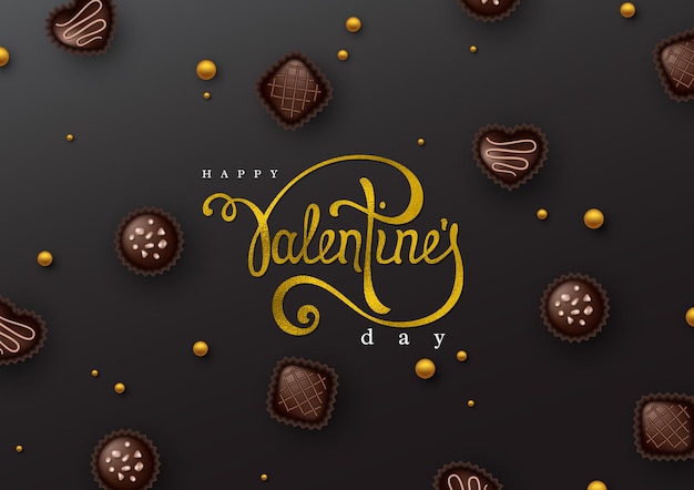 Letras de script de escritura a mano de feliz día de San Valentín con efecto de lámina brillante y dulces de chocolate 3d.