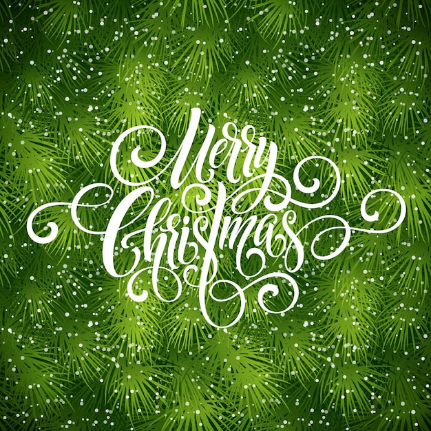 Letras de script de escritura a mano de feliz Navidad. Fondo de saludo con un árbol de Navidad. Ilustración de vector EPS10