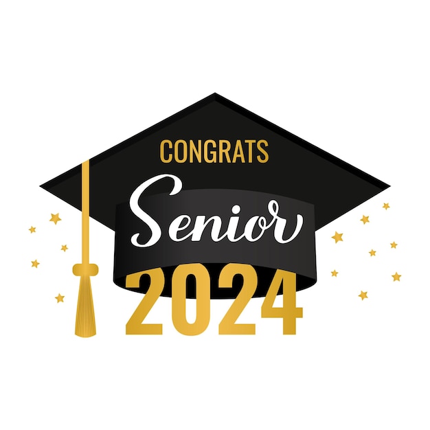 Vector letras de senior de 2024 con gorra de graduación aislada en blanco felicitaciones a los graduados cartel tipográfico plantilla vectorial para tarjetas de felicitación pancarta pegatina etiqueta camisa etc.