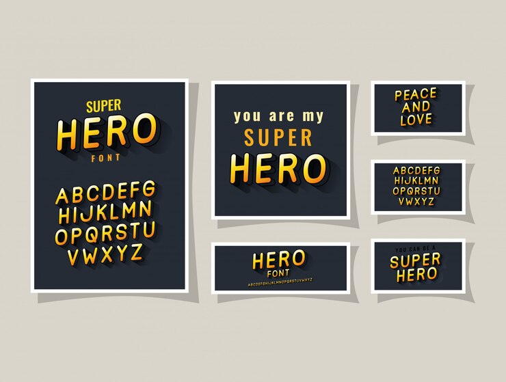 Vector letras de superhéroes 3d y alfabeto sobre fondos grises