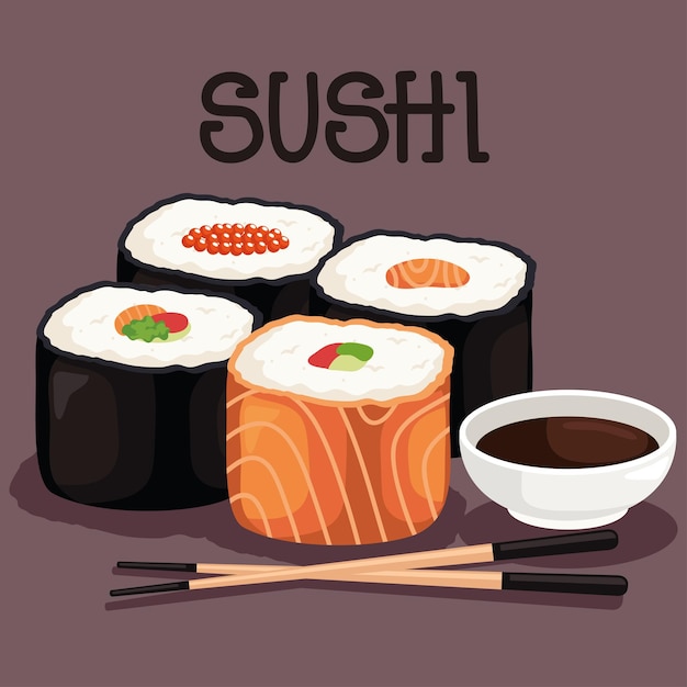 Vector letras de sushi y rollos con palillos