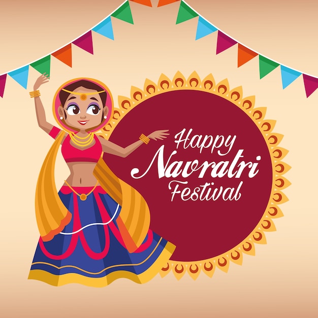 Letras de tarjeta de celebración de navratri feliz con mujer bailando y guirnaldas de encaje