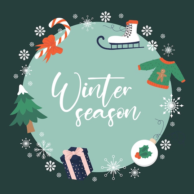 Letras de temporada de invierno en el fondo con elementos lindos, árbol de Navidad, regalos y copos de nieve