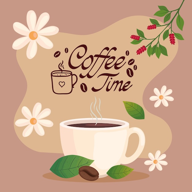 Vector letras de tiempo de café con taza