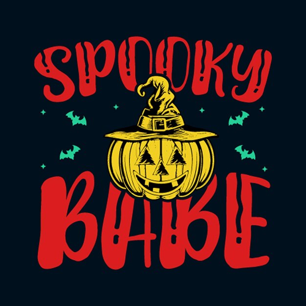 Letras de tipografía de halloween de bebé espeluznante con vector de murciélagos de calabaza para camiseta