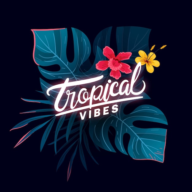 Vector letras tropicales con hojas y flores.