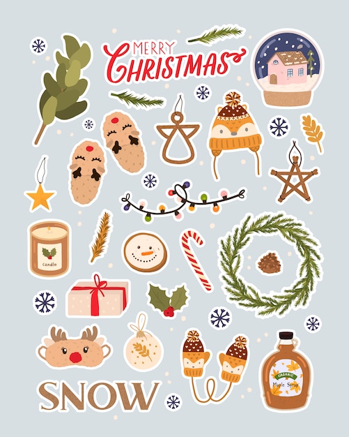 Letras de vacaciones de feliz Navidad y elementos tradicionales de Navidad. Gran vector para Navidad en estilo escandinavo. Scrapbooking, Pegatinas