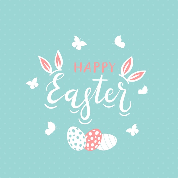 Letras de vacaciones Feliz Pascua con orejas de conejo, huevos pintados y mariposas, ilustración.