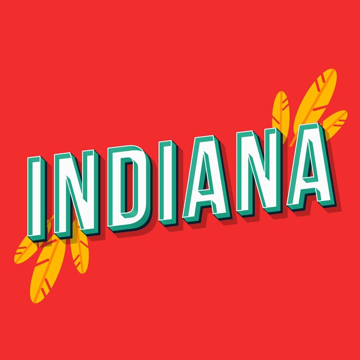 Vector letras vectoriales 3d vintage de indiana. fuente en negrita retro, tipo de letra. texto estilizado de arte pop. letras de estilo de la vieja escuela. afiche de los años 90, 80, diseño tipográfico de banner. fondo de color escarlata con plumas