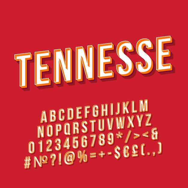 Letras vectoriales antiguas de tennessee. fuente en negrita retro, tipo de letra. texto estilizado de arte pop. números de letras de estilo de la vieja escuela, símbolos, paquete de elementos. diseño tipográfico de afiches de los 90. fondo de color rojo