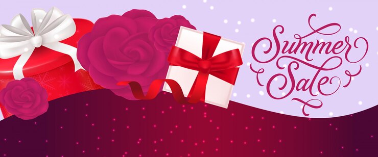 Vector letras de venta de verano con regalos y rosas