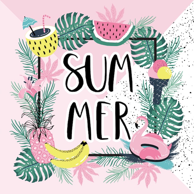 Letras de verano con flamenco y hojas de palma.